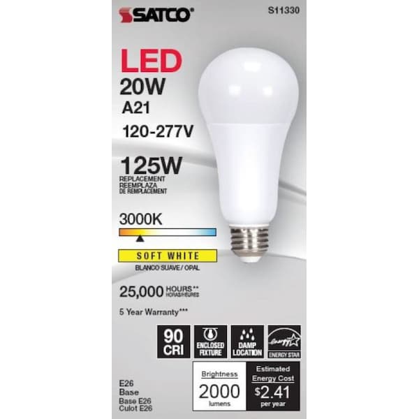 Bulb,LED,20W,A21,120V-277V,30K,E26,No Dim,White